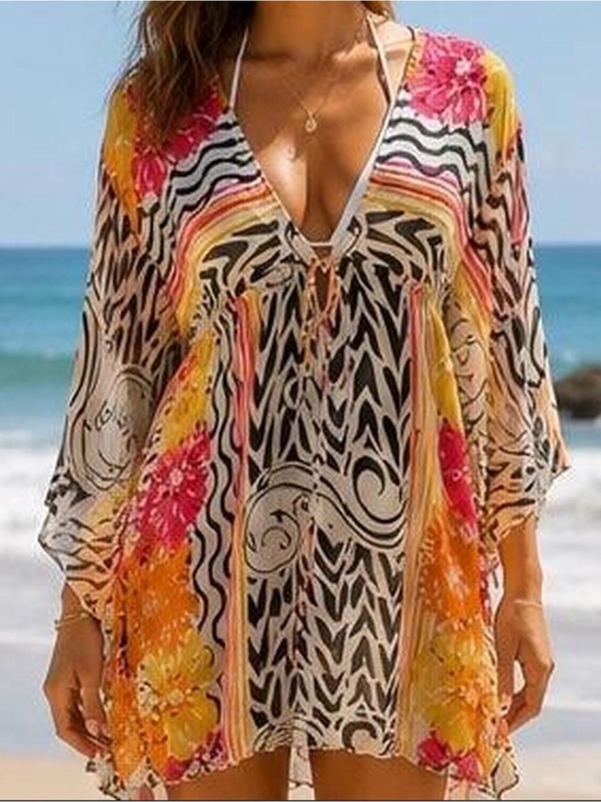 Analili Tops - Women’s V-Neck Floral & Zebra Print Tunic coverup- XXS